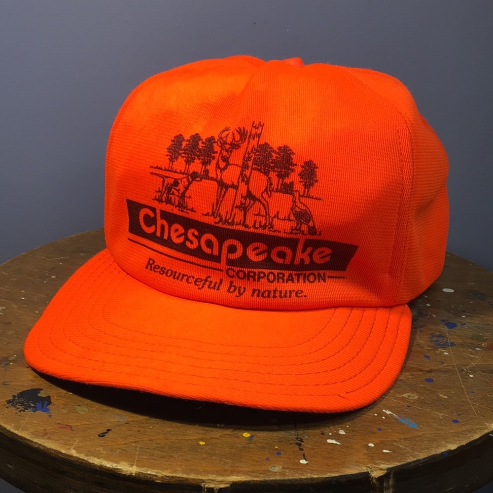 Vintage USA made floppy puffy trucker SnapBack hat full 6 panel blaze orange cap